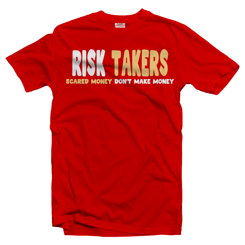 RISK TAKERS RED WHITE AND TAN T-SHIRT