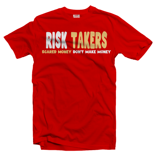 RISK TAKERS RED WHITE AND TAN T-SHIRT